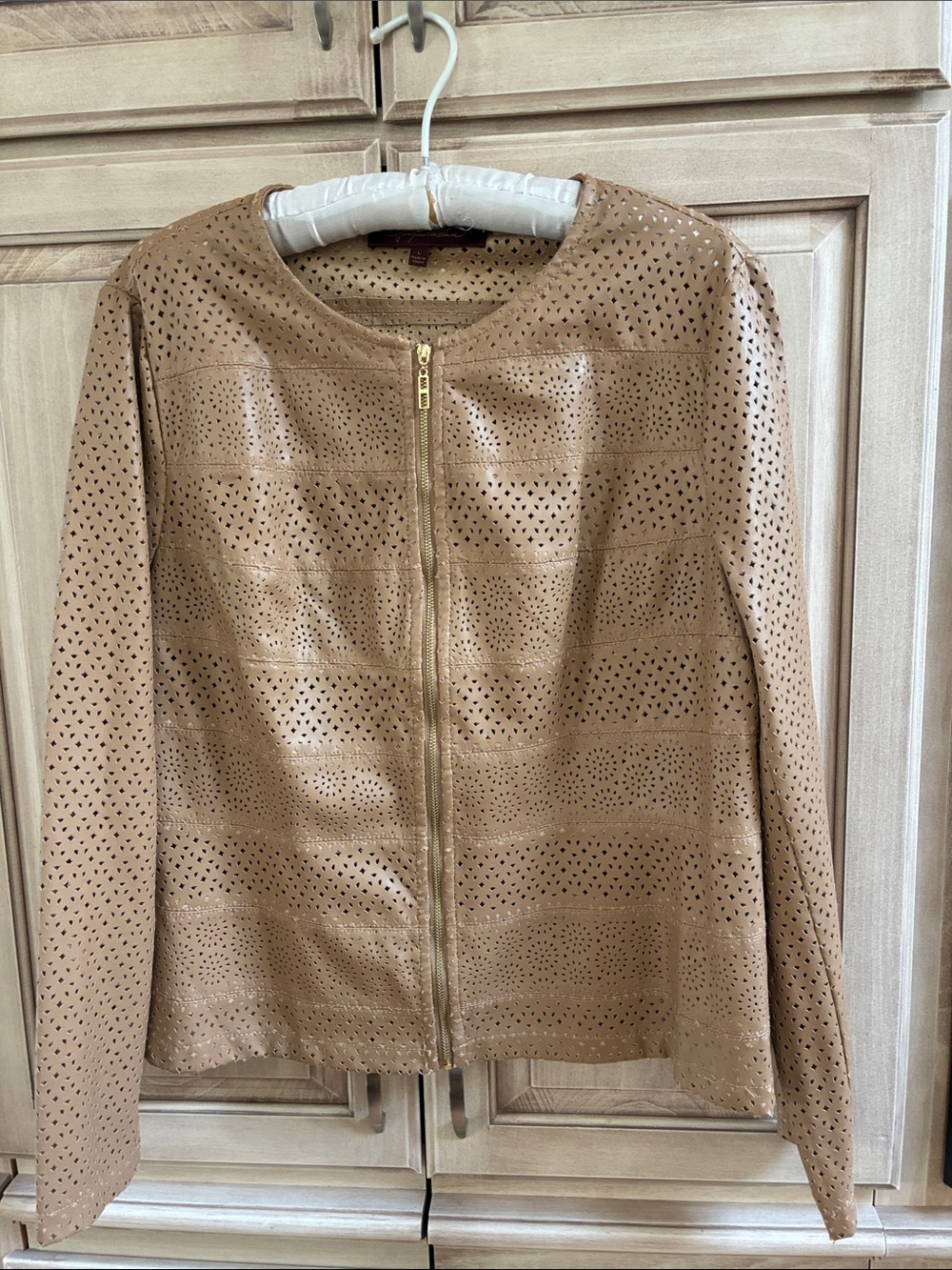 Hal Rubenstein Women’s Perforated Faux Leather Jacket - Tan